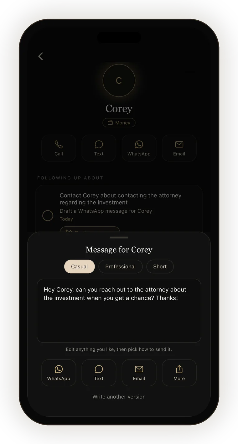 The Kaeliz app showing a drafted message for Corey, with buttons to send it by WhatsApp, text or email